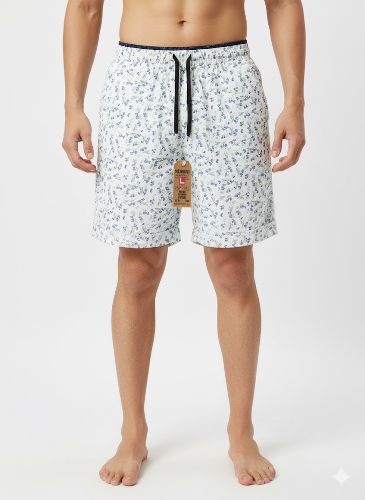 Men’s Cotton Printed Boxer Shorts – White with Blue Floral Design